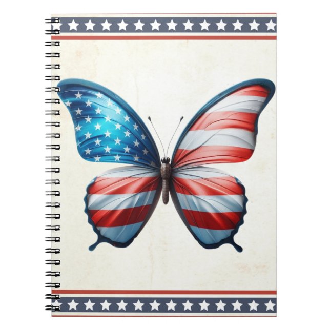 USA/patriotisk 4:e juli-fjäril Anteckningsbok (Framsidan)