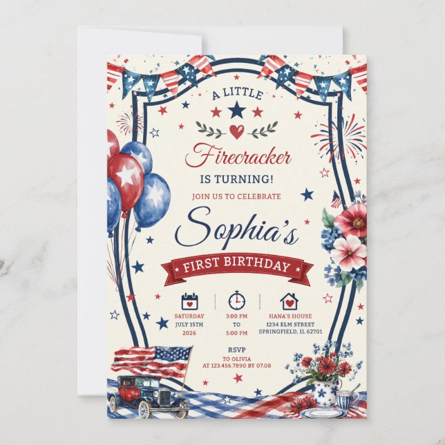 USA Patriotisk 4:e Juli Födelsedagsfest Inbjudan (Framsida)