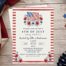 USA Patriotisk akvarell Blommig 4:e Juli Grillfest