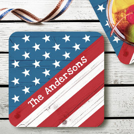 USA Patriotiska Stjärnor Ränder Flagga Namn Rustik Underlägg Papper Kvadrat