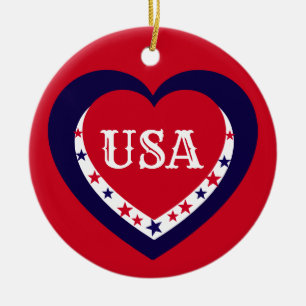 USA Patriotiskt Rött Vitt Blått Hjärtjul Julgransprydnad Keramik