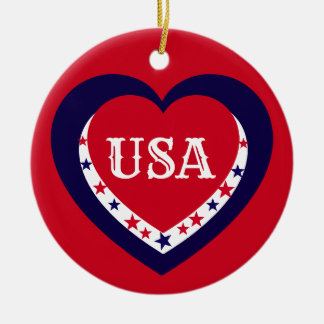 USA Patriotiskt Rött Vitt Blått Hjärtjul Julgransprydnad Keramik