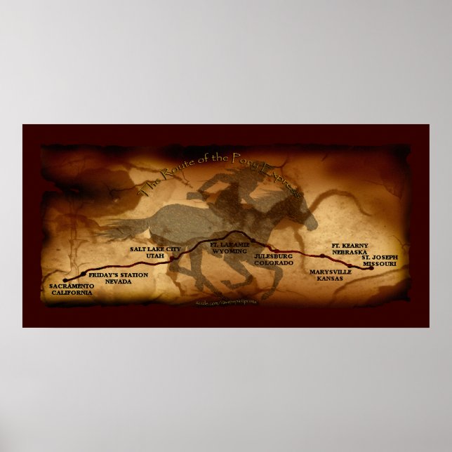USA Pony Express Karta Route Art Poster (Framsidan)