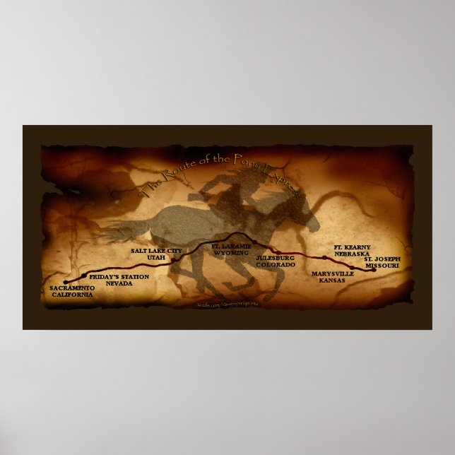 USA Pony Express Karta Route Art Poster (Framsidan)