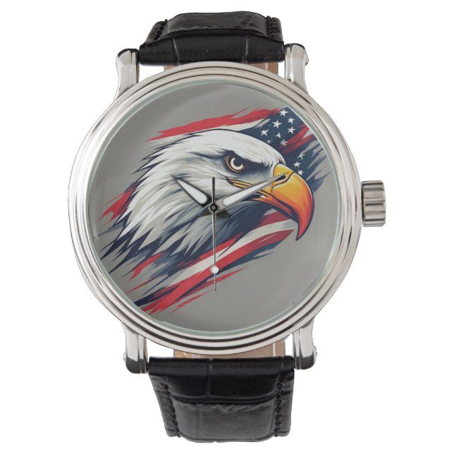 USA Pride-gåva – Vit Huvudörn med amerikansk flagg Armbandsur (Framsida)
