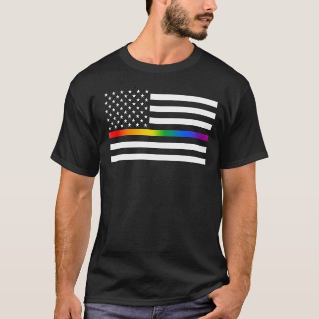 USA Rainbow Pride Thin Line T Shirt (Framsida)