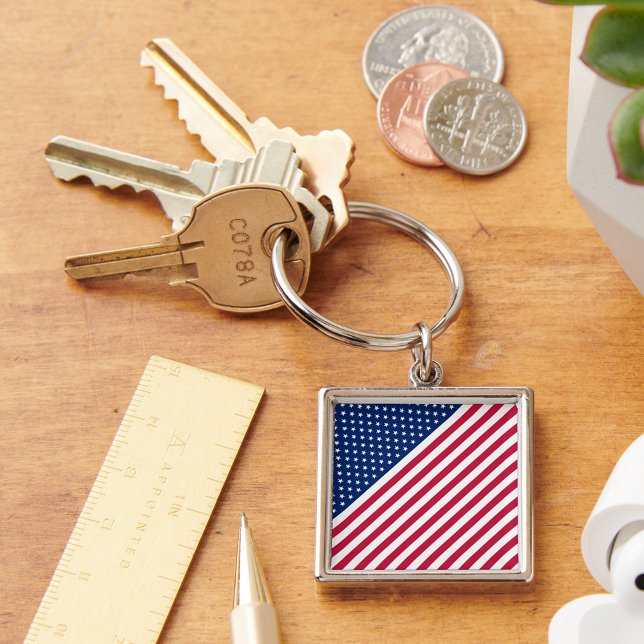 USA Red Blue White Stars Rand Metall Keychain Fyrkantig Silverfärgad Nyckelring (USA Red Blue White Stars Stripes Metal Keychain)