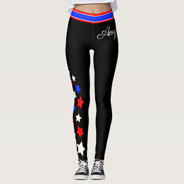 USA - Red White and Blue Stars (ditt namn) Leggings (Framsida)