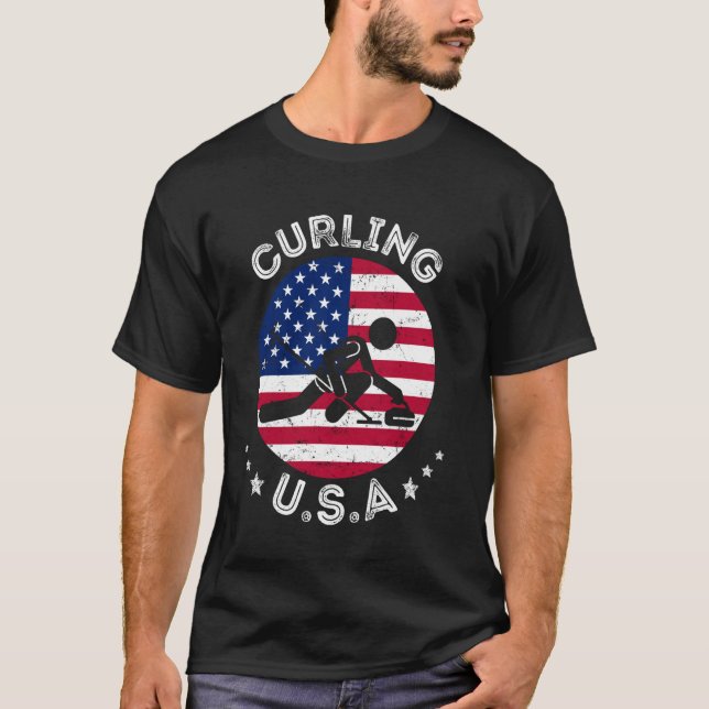USA Retro Curling Team Support USA Mixed Dubblas C T Shirt (Framsida)