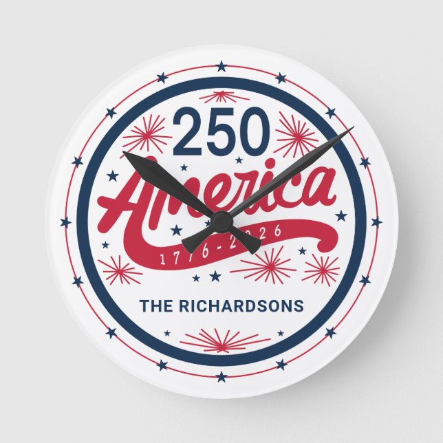 USA Röd Vit och Blå Amerikas 250-årsjubileum Rund Klocka (Framsida)
