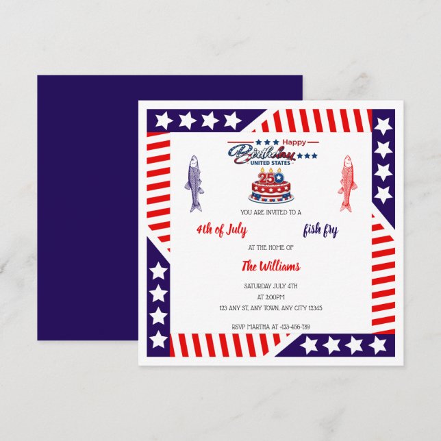 USA:s 250-årsfirande & 4 juli Fish Fry-inbjudan Inbjudningar (Fram/baksida)