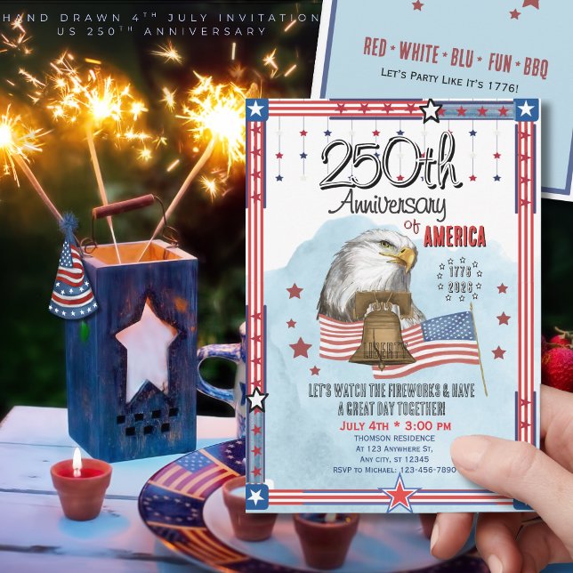 USA:s 250-årsjubileum Handritad Klocka Örn Inbjudningar (US 250th Anniversary Hand Drawn Bell Eagle Invitation)