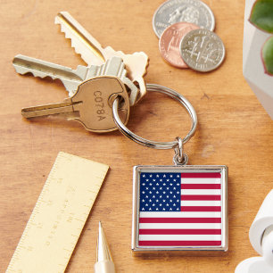 USA:s amerikanska Flagga Patriotic Square Metall K Fyrkantig Silverfärgad Nyckelring