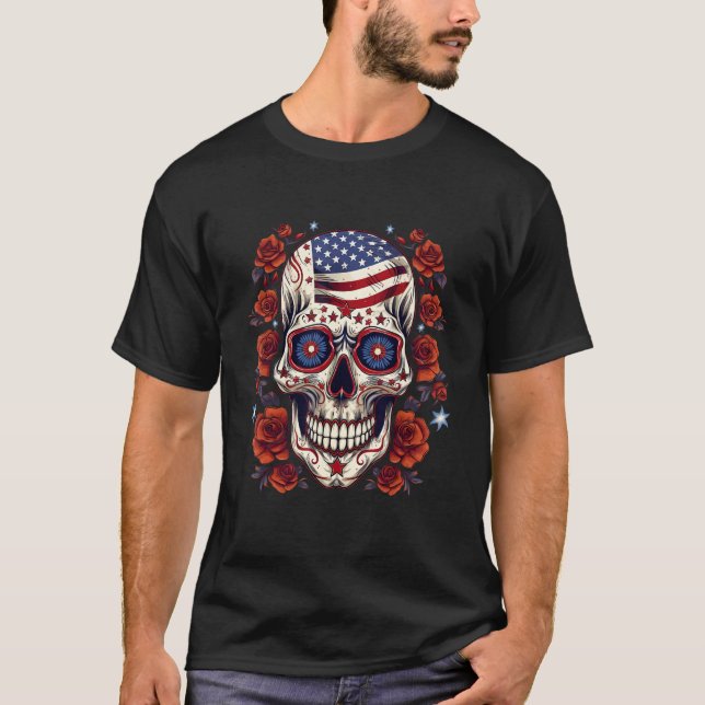 USA:s Flagga Sugar Skull 4 juli T Shirt (Framsida)