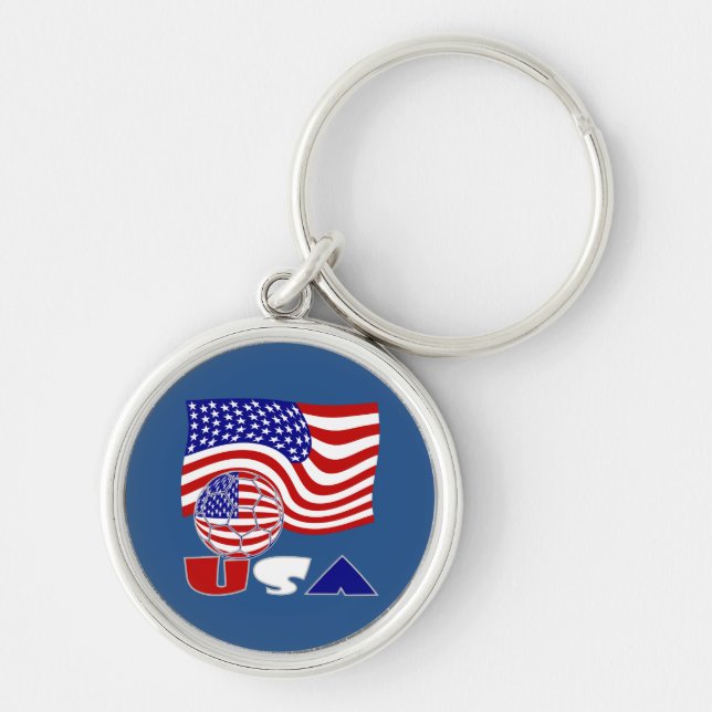USA:s flagga USA Fotboll Blå Bakgrund Rund Silverfärgad Nyckelring (Framsidan)