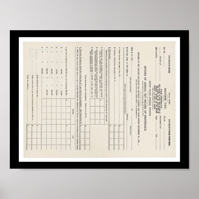 USA:s första inkomstskatteformulär 1040 Poster (Framsidan)