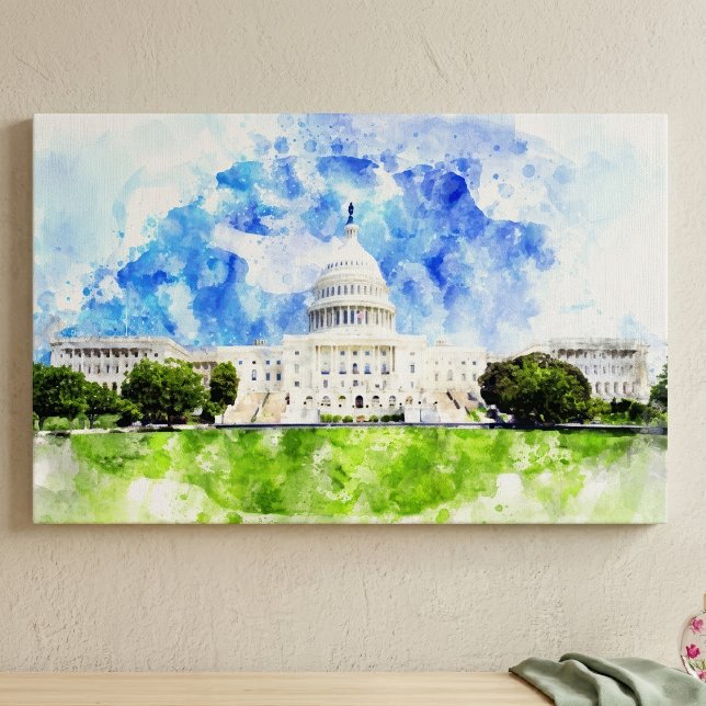 USA:s Kapitolium i Washington DC Akvarell Canvastryck (United States Capitol in Washington DC Watercolor. Canvas Print )