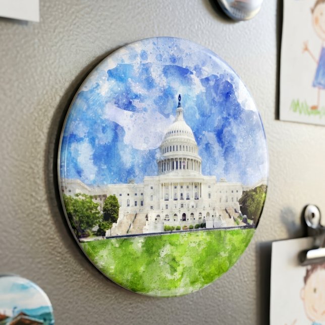 USA:s Kapitolium i Washington DC Akvarell Magnet (United States Capitol in Washington DC Watercolor. Magnet)