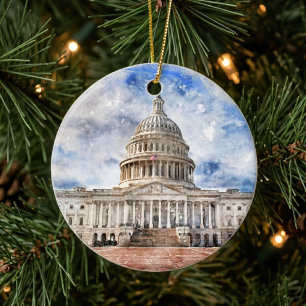 USA:s Kapitolium Pastellteckning Washington DC Julgransprydnad Keramik