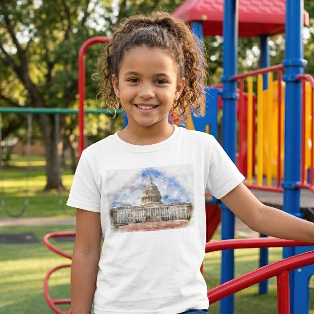 USA:s Kapitolium Pastellteckning Washington DC T Shirt (United States Capitol Pastel Drawing Washington DC. Girl Basic White T-Shirt)