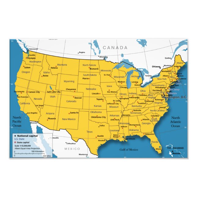 USA:s Karta Karta med Namn och statsägda huvudstäd Fototryck (Framsidan)