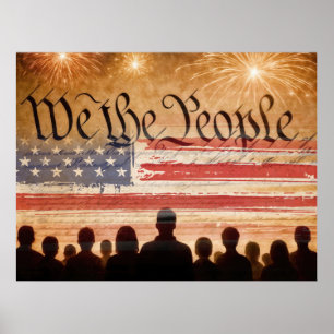 USA:s konstitution med Flagga och Fireworks Poster