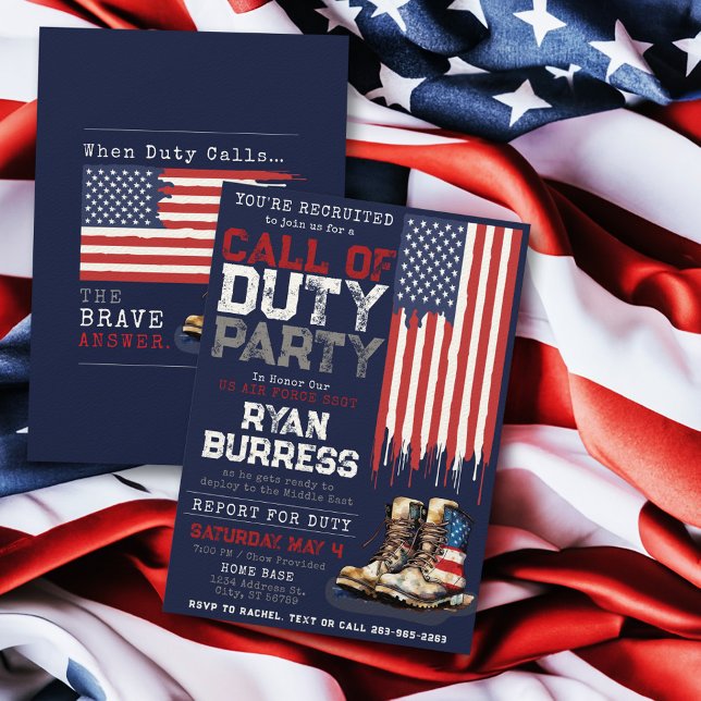 USA:s militära Flagga BLUE-utplaceringsfack Party Inbjudningar (Red white and navy blue US flag and watercolor combat boots Call of Duty military deployment party)