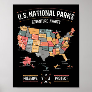 USA:s Nationalparker Kartor Bevara Skydda Vandring Poster