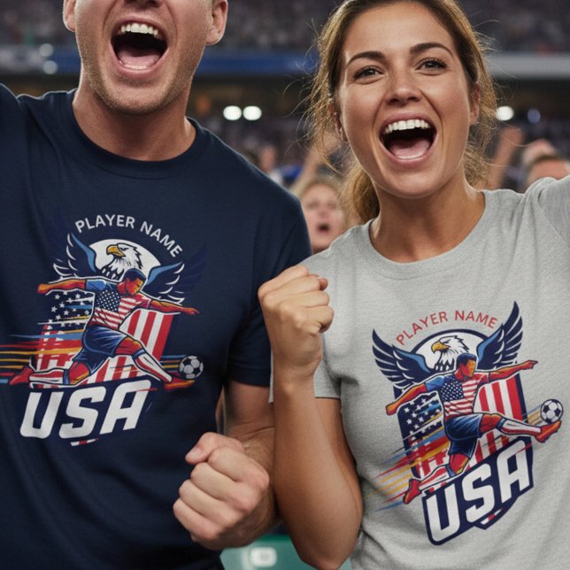 USA Soccer Eagle Dynamic Patriotic Sports Graphic  T Shirt (Use Personalized to change color/font.
Choose a color that matches the background color of shirt)