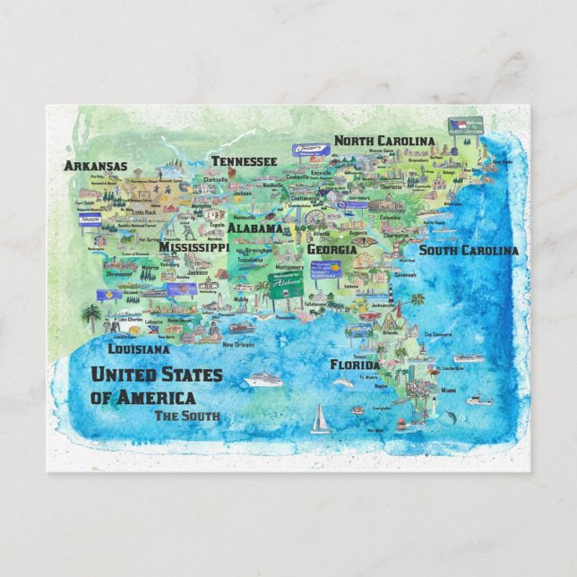 USA Södra Stater Travel Karta Florida Louisiana Vykort (Framsida)