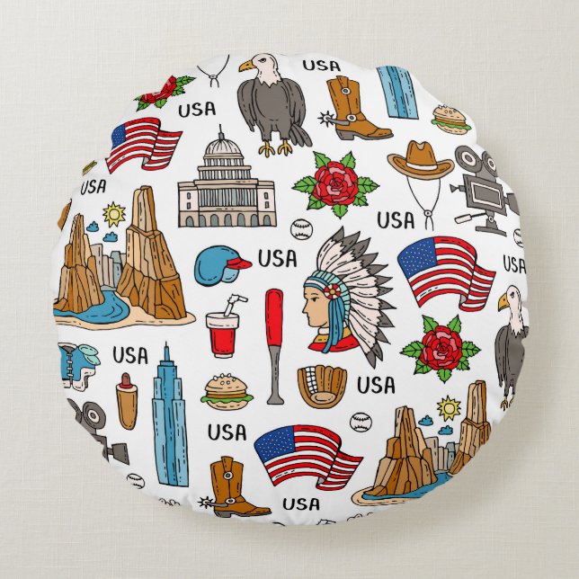 USA Symbols Vintage Seamless Mönster Rund Kudde (Framsidan)
