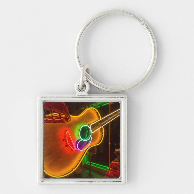 USA, Texas, Austin. Neon-gitarr på Blackmail Fyrkantig Silverfärgad Nyckelring (Framsidan)