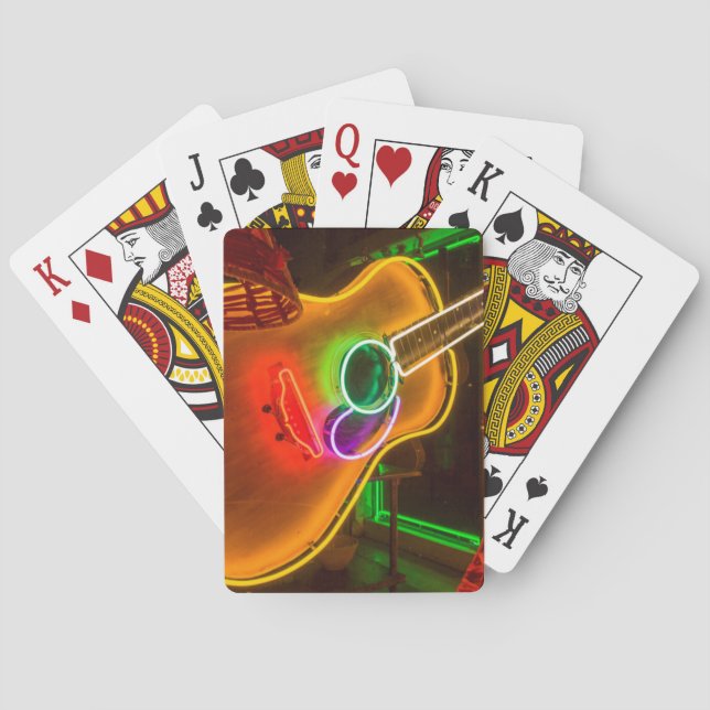 USA, Texas, Austin. Neon Gitarr Vid Utpressning Spel Kort (Baksidan)