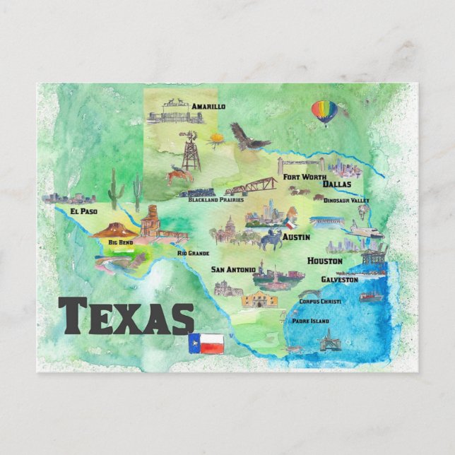 USA Texas Travel Karta med Highlights Vykort (Framsida)