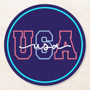 USA Text 4:e Juli Design-62118 Underlägg Papper Rund