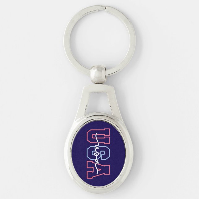 USA Text 4 juli-design-62118 Ovalt Silverfärgad Nyckelring (Framsidan)