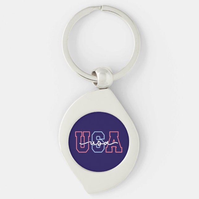 USA-text 4 juli-design-62118 Swirl Silverfärgad Nyckelring (Framsidan)