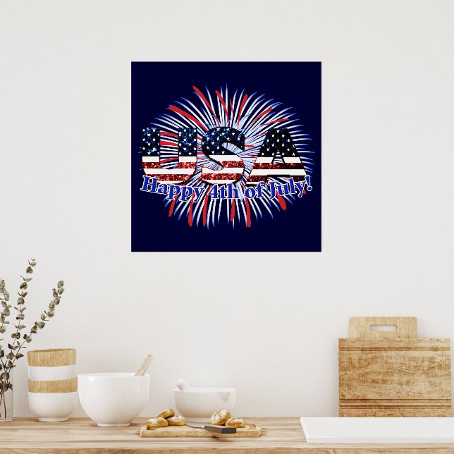 USA-text flagga glittrar fyrverkerier Glad 4:e jul Poster (Kök)