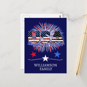 USA-text flagga glittrar fyrverkerier Glad 4:e jul Vykort