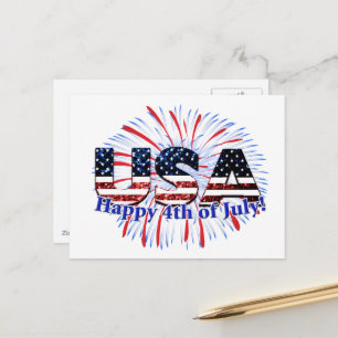 USA-text flagga glittrar fyrverkerier Glad 4:e jul Vykort
