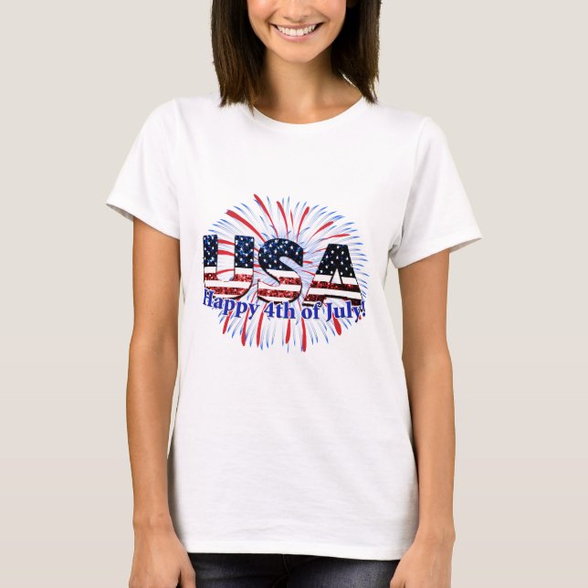 USA text glitter fyrverkerier Lycklig 4 juli T Shirt (Framsida)