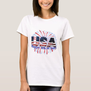 USA textflagga blänker fyrverkerilycklig 4th Juli T Shirt
