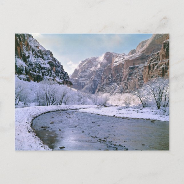 USA, Utah, Zion NP. Nya snö täcker kanjonen Vykort (Framsida)