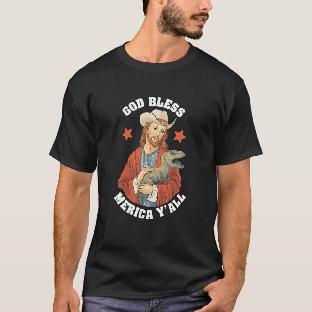 USA: Välsigna dig Merica Y'all Jesus Dinosaur Co T Shirt (Framsida)