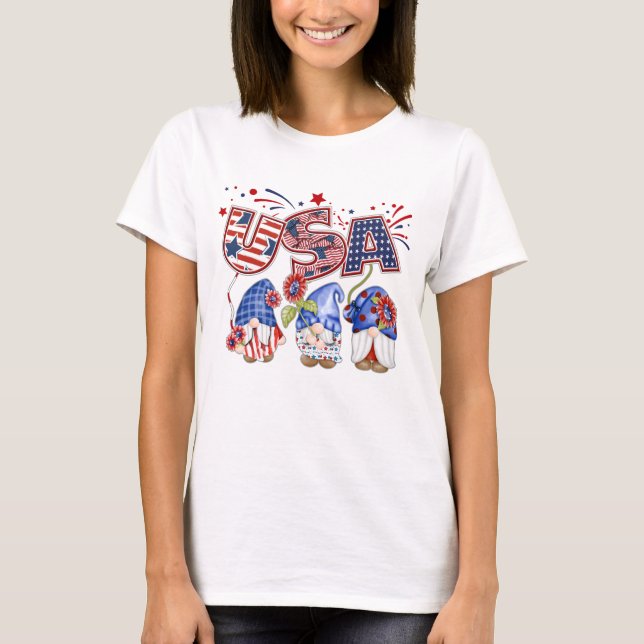 USA Vattenfärg Tomtar 4:e Juli Patriotisk T-Shirt (Framsida)
