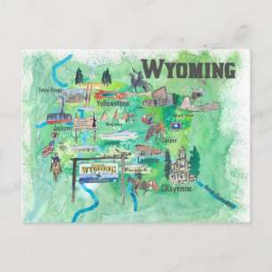 USA Wyoming Illustrated Travel Karta Vykort