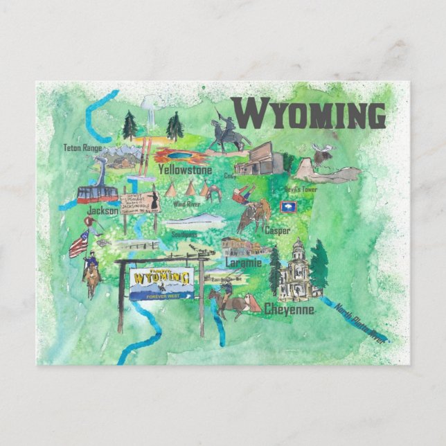 USA Wyoming Illustrated Travel Karta Vykort (Framsida)