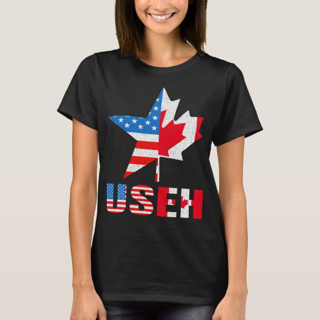 USEH Löv Canadian American Flagga Maple Shirt T (Framsida)