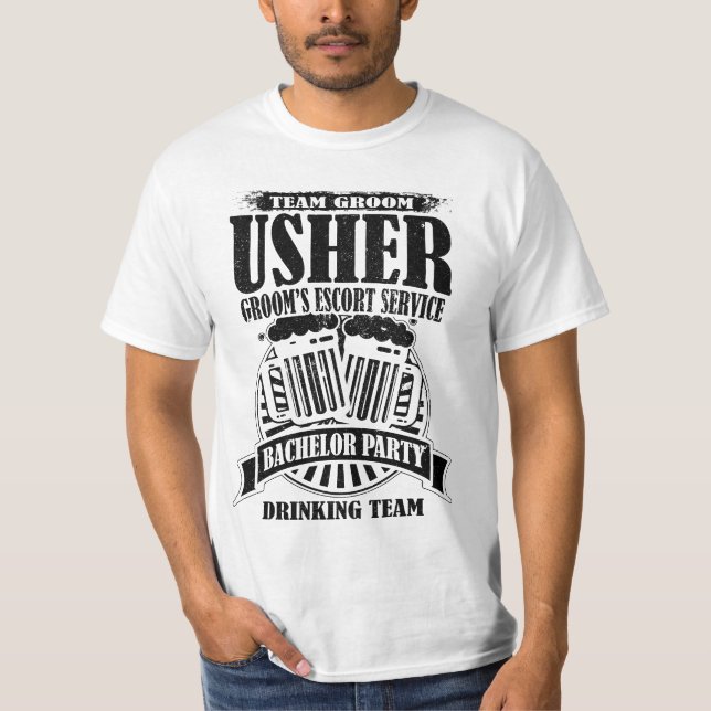 Usher Groom's Escort Service Bachelor Party T-shirt (Framsida)