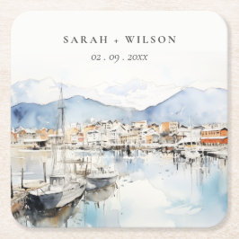 Ushuaia, Argentina Watercolor Landscape Wedding Underlägg Papper Kvadrat